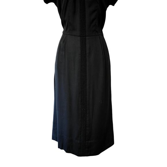 Vintage 50s Film Noir Ruched Shawl Neck Crochet Center Black Deco Dress - Picture 5 of 10